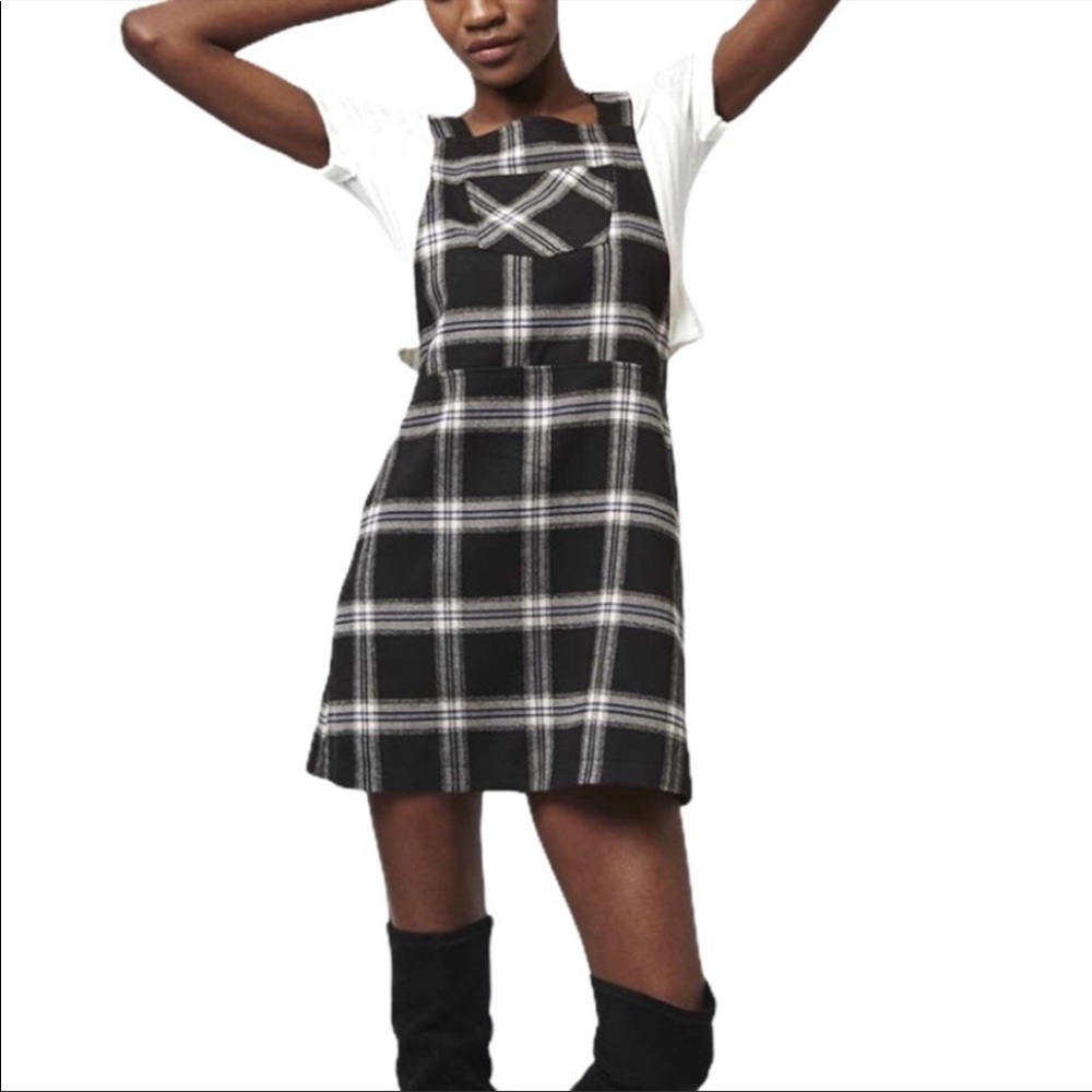 Topshop Black Plaid Flannel Pinafore Overall Dress